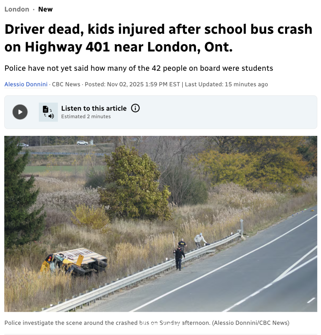 安省校车在401高速发生重大车祸！司机当场死亡！多名儿童受伤！现场情况十分危急！家长都担心死了本地热闻_蒙特利尔垂直频道_蒙城汇-, image size:1080x1127